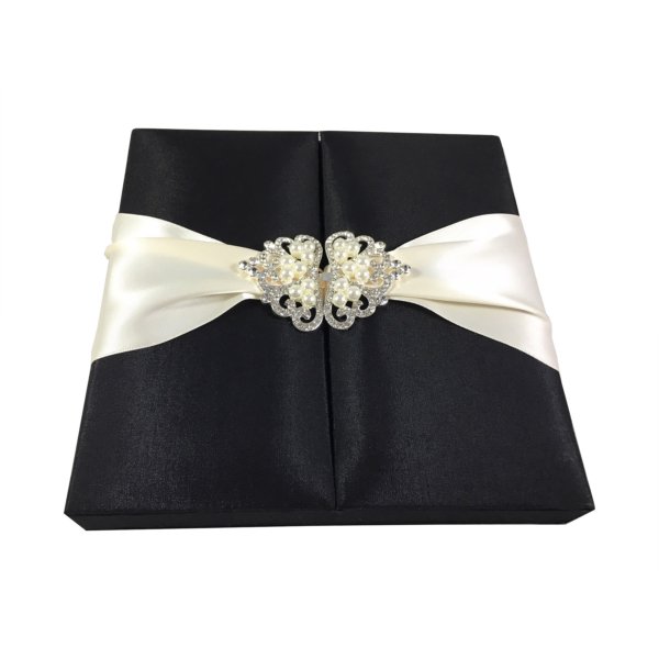 Pearl-Clasped Midnight & Cream Silk Nuptial Announcement Box