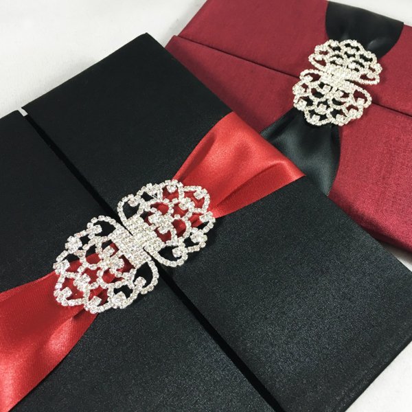Crimson-Ebony Romance Announcement Cards for Matrimonial Celebrations