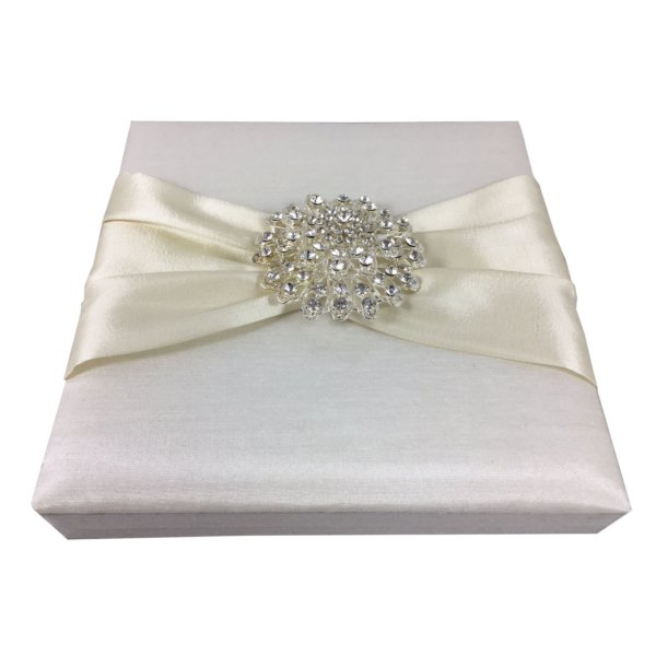 Ivory Taffeta Silk Wedding Card with Crystal Flower Brooch
