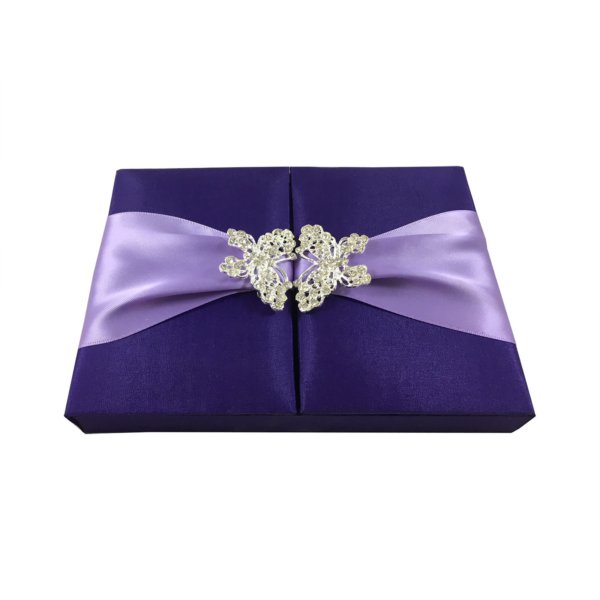 Purple Orchid Silk Box with Shimmering Butterfly Crystal Brooch Invitation