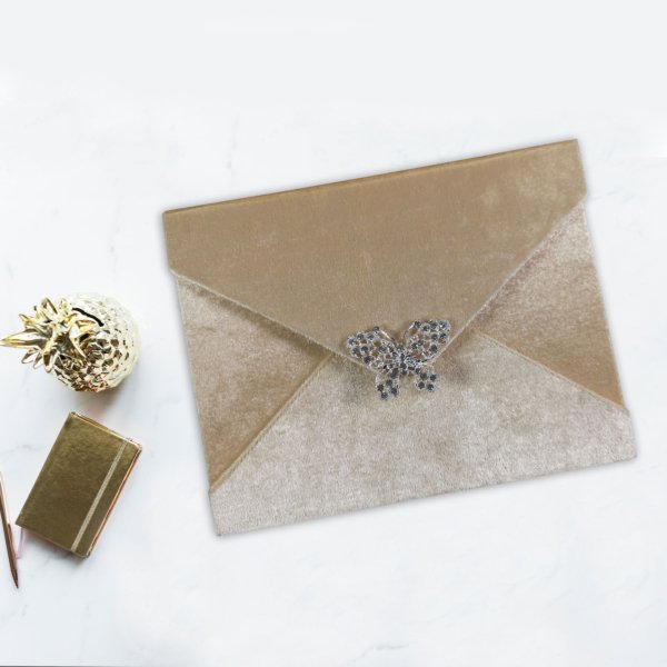 Shimmering Champagne Butterfly Crystal Encrusted Velvet Wedding Envelope