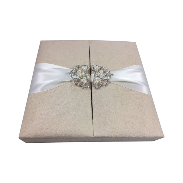 Royal Suede Cream Card Box Adorned with Regal Pearl Crown Brooch