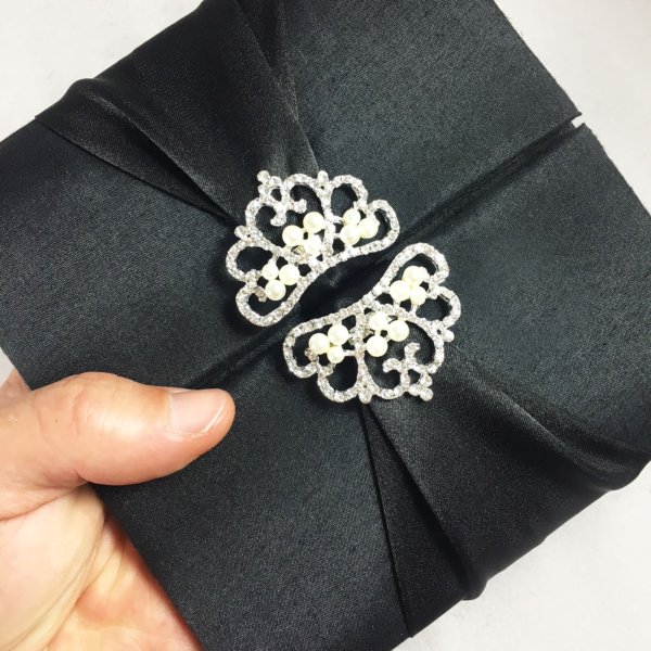 Imperial Black Silk Invitation Folder with Regal Crown Brooch