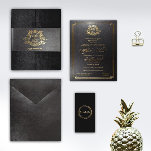Shimmering Indigo Velvet Wedding Invitation Collection with Gold Foil Accents