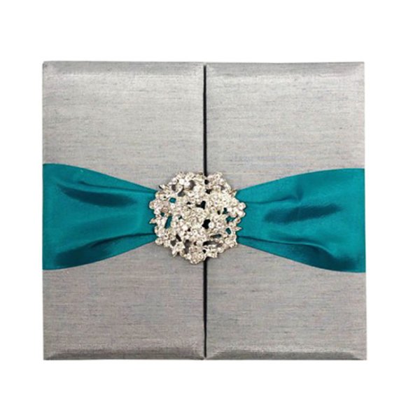 Teal Ribboned Silver Silk Invitation Folder with Delicate Floral Brooch