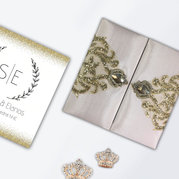 Royal Blush Box: Silk-Crowned Golden Glitter Wedding Invitations