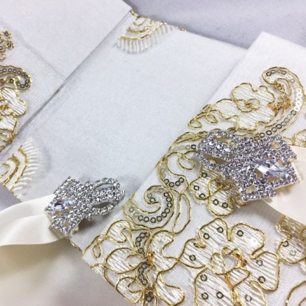 Shimmering Gold Silk Lace Folio Wedding Invitation