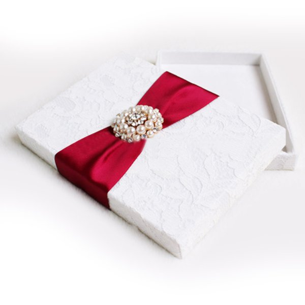 Pearl-Adorned Keepsake Box: White Lace and Ruby Ribbon Harmony