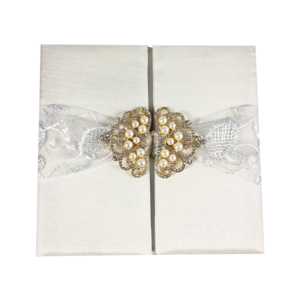 Pearlescent Crown Ivory Folio Invitation with Regal Lace Embellishment
