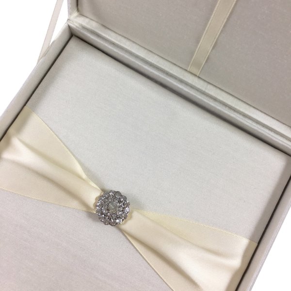 Pearlescent Ivory Brooch-Adorned Keepsake Box For Nuptial Announcements