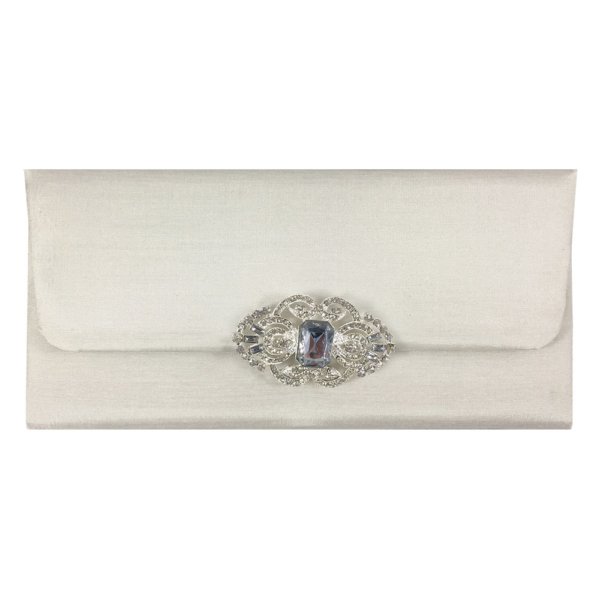Pearlescent Ivory Envelope Adorned with Sparkling Gemstone Brooch