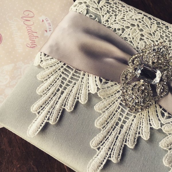 Ivory Lace Silver Silk Crystal Brooch Vintage Wedding Invitations