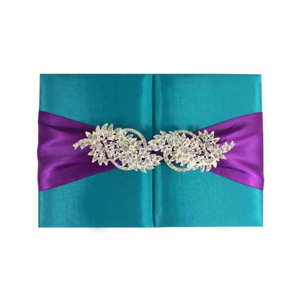 Shimmering Teal Silk Bridal Folio with Crystal Floral Accent