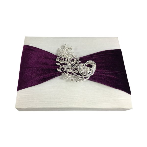 Plush White Silk Box Peacock Invitation with Sparkling Rhinestone Brooch