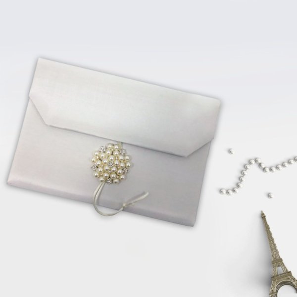 Luminous Pearl-Adorned White Silk Envelope Wedding Invitation