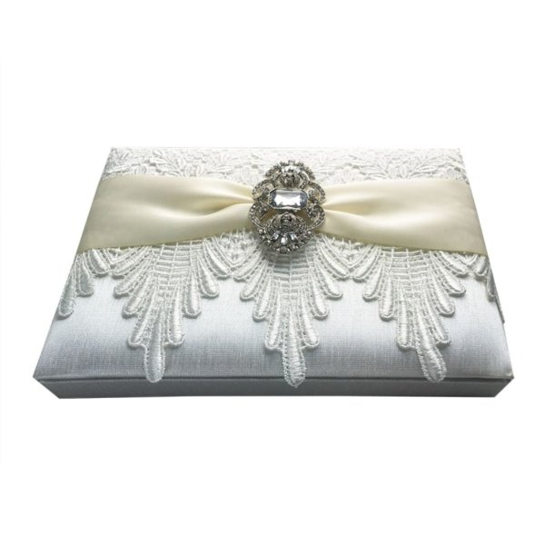 Pearlescent Ivory Invitation Keepsake Box Adorned with Sparkling Crystal Brooch