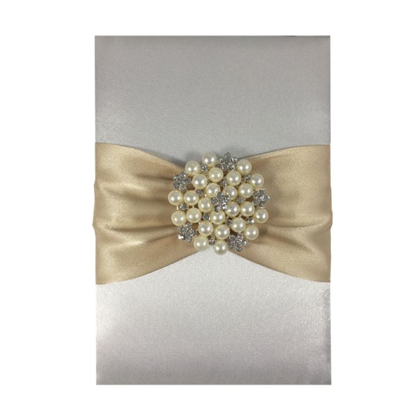 Shimmering Pearl-Adorned Ivory Silk Wedding Card with Golden Accents
