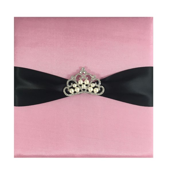 Pink Silk Royal Invitation Scroll with Noir Sash and Pearl Crown