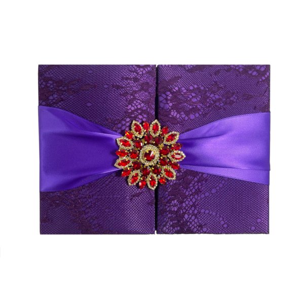 Regal Purple Silk Hardcover Invitation Card with Ornate Rhinestone Accent