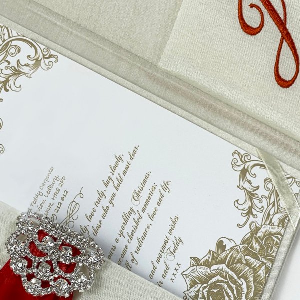 Sparkling Personalized Ivory-Amber Silk Envelope with Rhinestone Detail