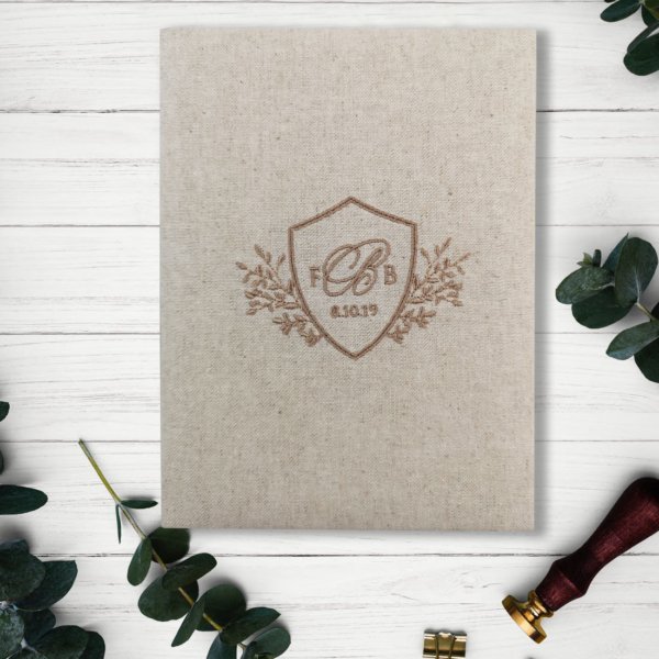 Vintage-Inspired Personalized Embroidered Tan Linen Wedding Invites