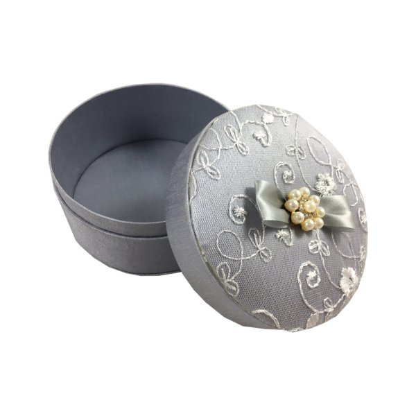 Pearlescent Silver Round Treasure Chest with Shimmering Brooch Accent