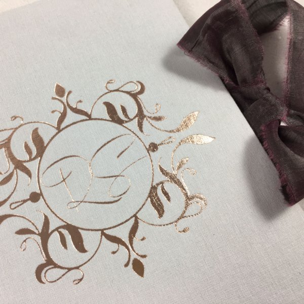 Antique Linen Rosegold Foil Monogram Wedding Invitation