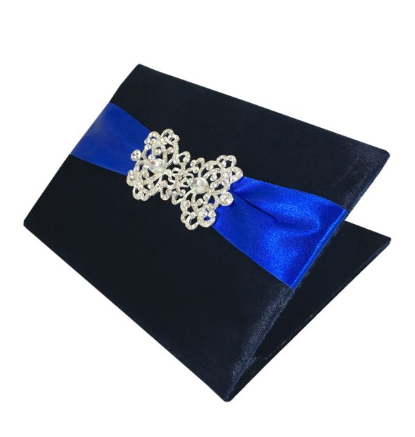 Navy Velvet Sparkle Pocket Folder with Azure Ribbon Wedding Organizer