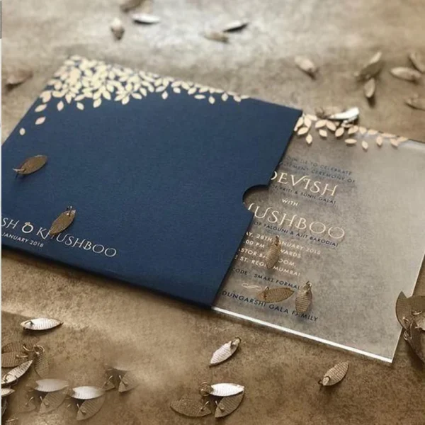 Sapphire-Hued Acrylic Nuptial Announcements with Midnight Pockets