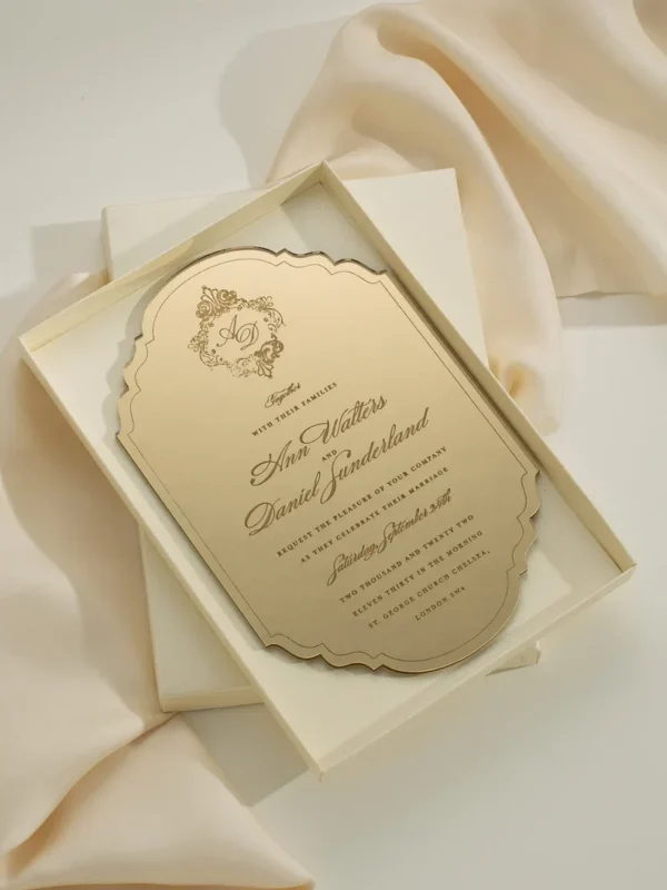 Gold Mirror Monogram Acrylic Wedding Invitation Box in Shimmering Gilt