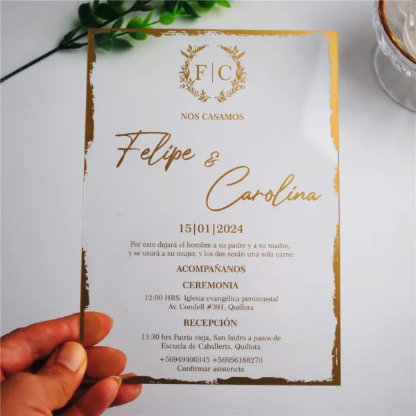 Gilded Crystal Transparency: Whisper-Worthy Gold Wedding Invitation Acrylics