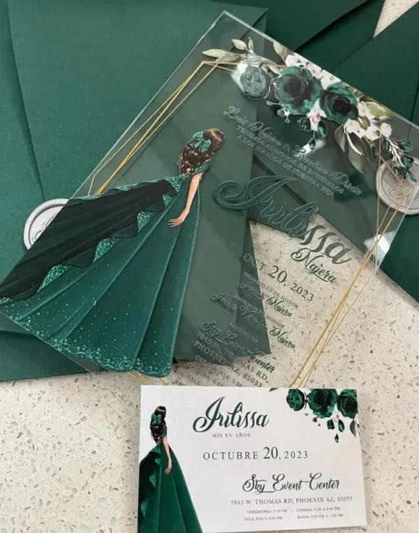 Mystique Emerald Acrylic Sweet 15 Quinceañera Custom Invitation