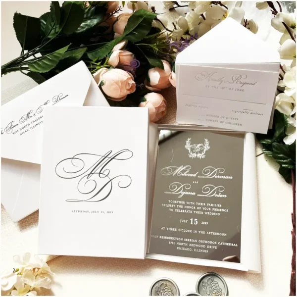 Glittering Argent Reflective Wedding Proclamation with Alabaster Memento Vessel