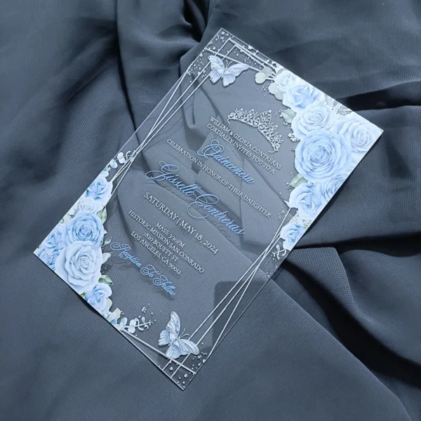 Starlit Azure Blossom Crystal Quinceañera Announcement Card