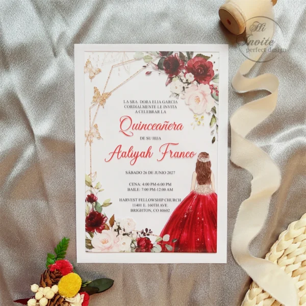 Enchanting Ruby-Gold Butterfly Royalty Quinceanera Acrylic Invite