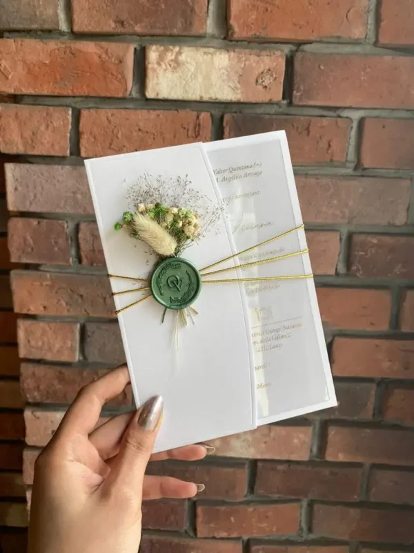 Bespoke Floral-Pressed Gold Acrylic Matrimony Announcement with Ruby Wax Embellishment