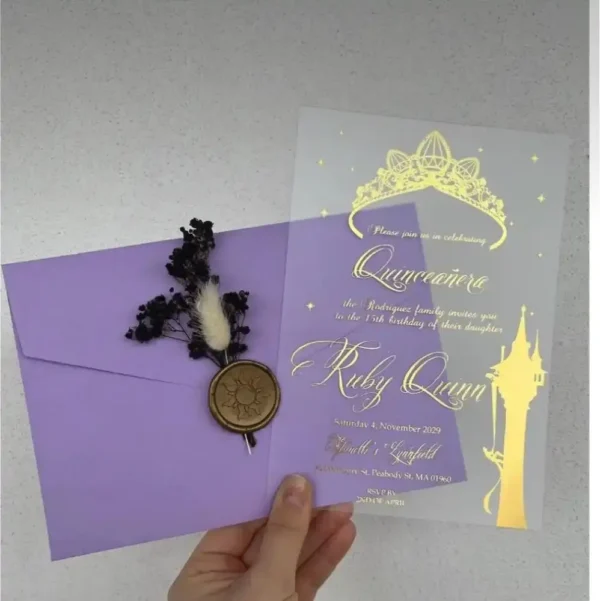 Sparkling Clear Acrylic Quinceañera Invite Cards with Sleek Designer Pocket