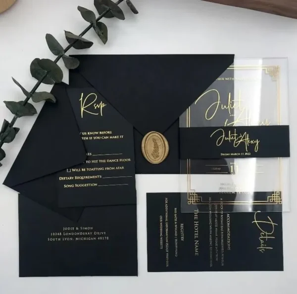 Midnight Acrylic Nuptial Stationery with Gleaming Gold Script