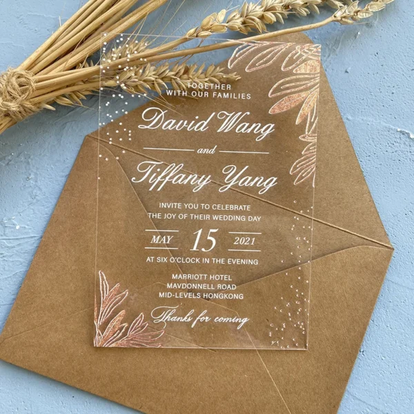 Vibrant Acrylic Rainbow Wedding Invites with Delicate Lace Edges
